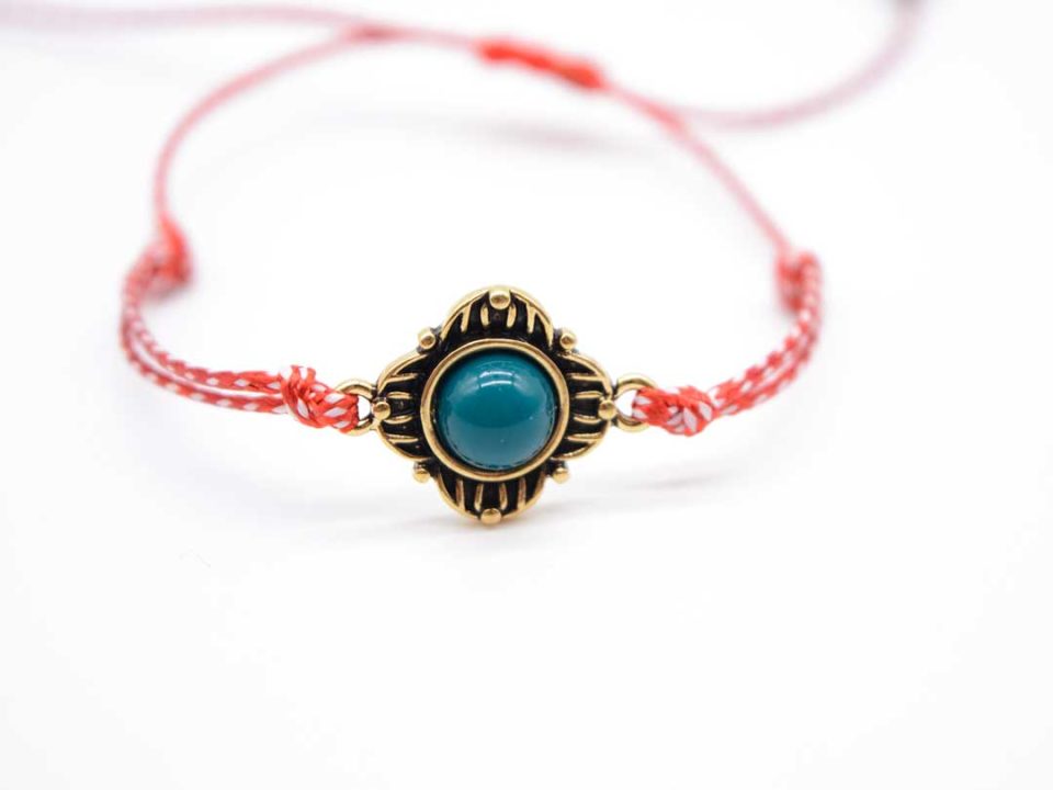 Handmade March bracelet, with square bronze element with blue bead