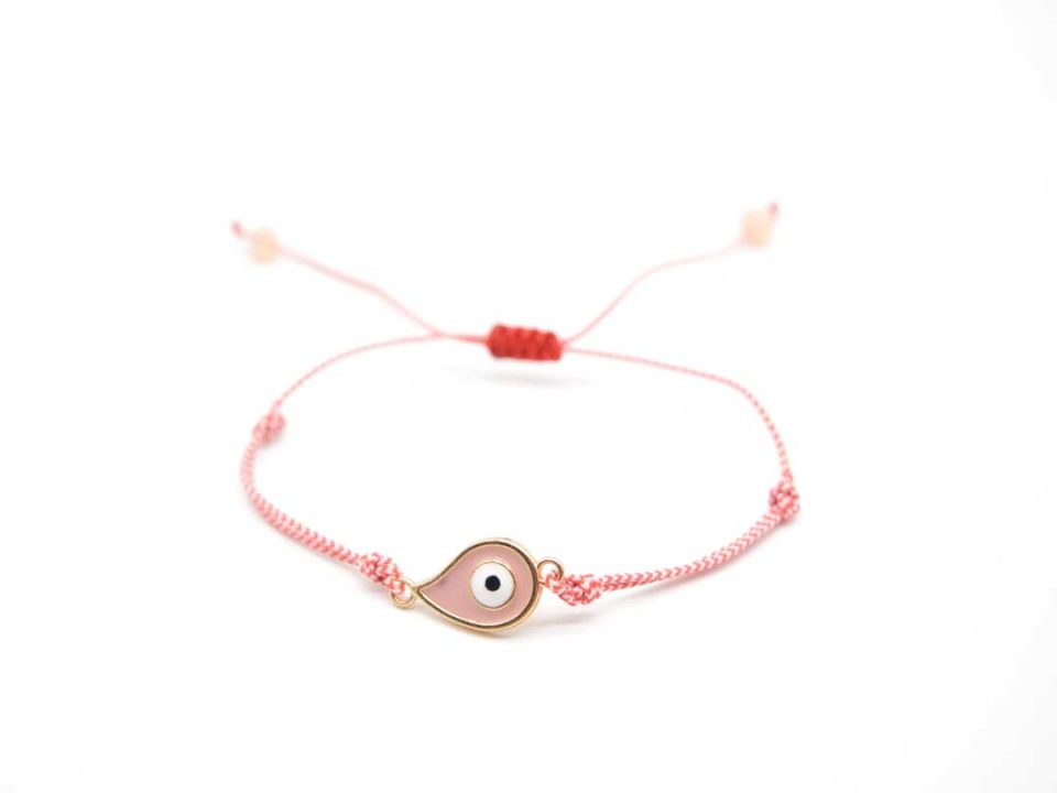 Handmade March bracelet, with gold eye with pink enamel.