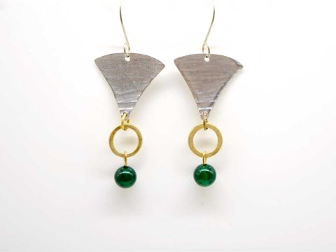 Handmade forged long earring in silver with gold in geometric shape emerald bead