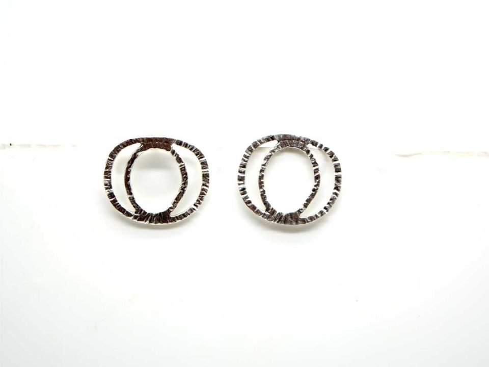 Handmade Forged Earring Glued Double Round Perforated Silver