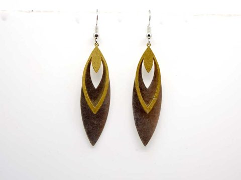 Handmade forged long earring in silver with gold leaves