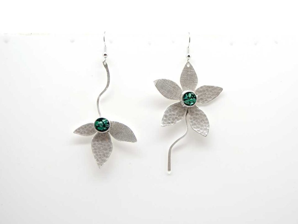 Handmade forged long earring in silver different flowers and a half