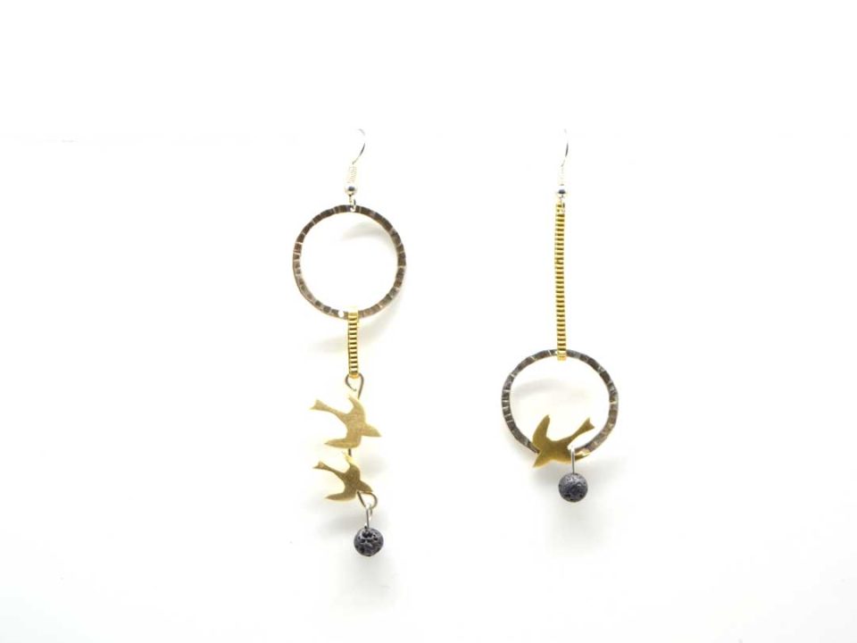 Handmade earring, long forged with swallows and black lava bead