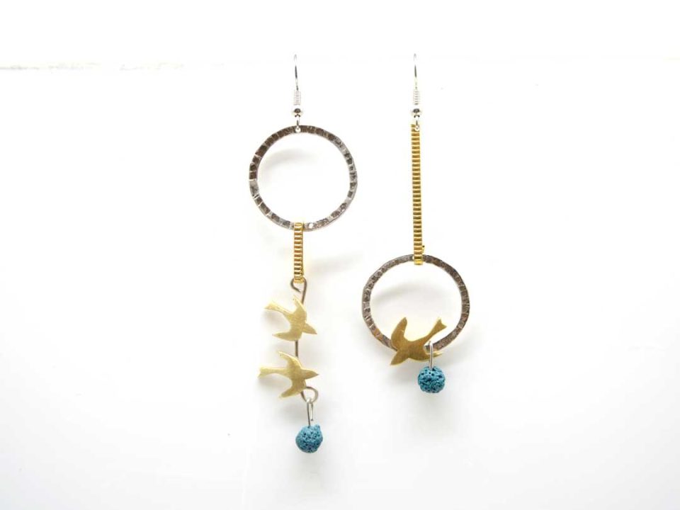 Handmade earring, long forged with swallows and blue lava bead