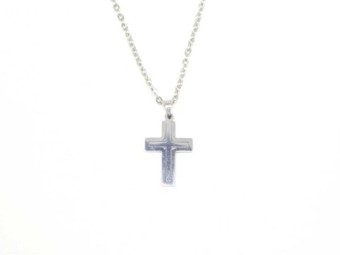 Steel cross in silver color with engraving and chain.