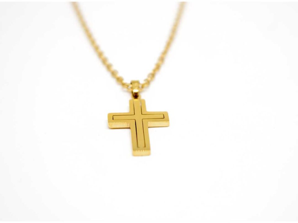 Steel cross in gold color with engraving and chain