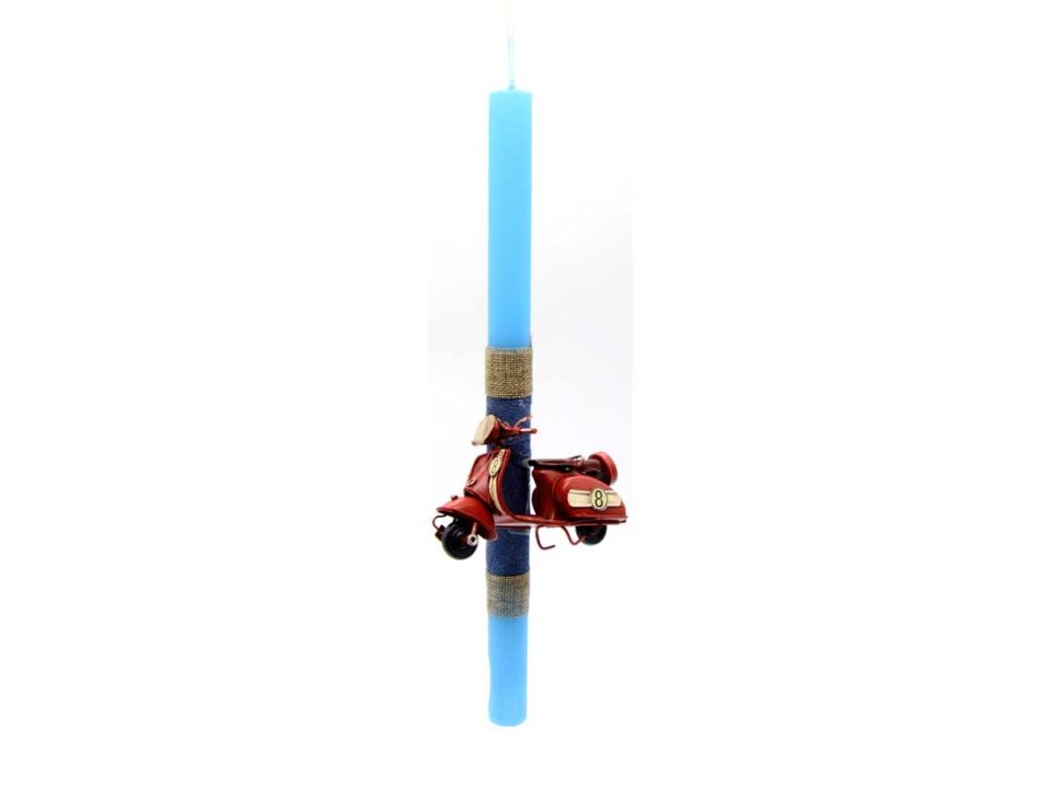 Handmade light blue Easter candle with metallic Vespa in red color.