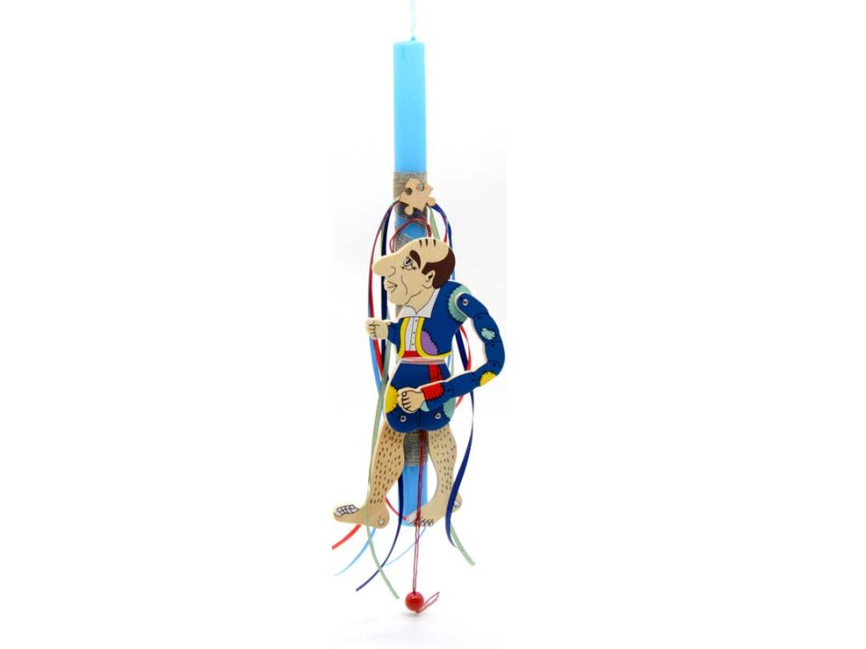 Handmade blue easter candle with Karagiozi puppet.