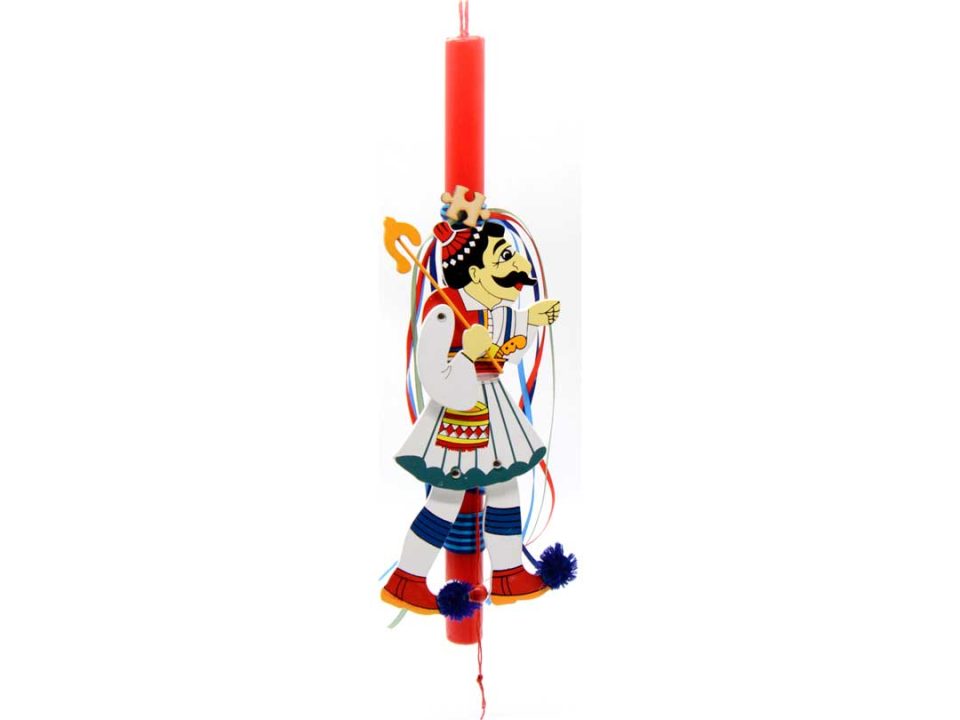 Handmade red Easter candle with puppet Barba George