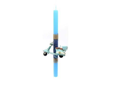 Handmade light blue Easter candle with metallic Vespa in light blue color.