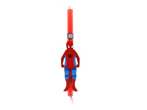 Handmade red Easter candle with Spiderman puppet