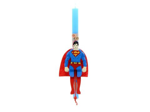 Handmade Easter light blue candle with Superman puppet.