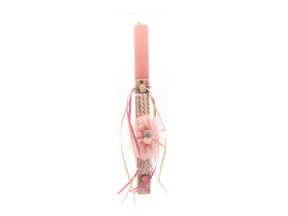 Handmade Easter pink flat candle with pink ribbon for hair