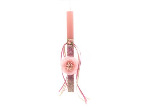 Handmade Easter flat pink candle with pink ribbon with big flower for hair