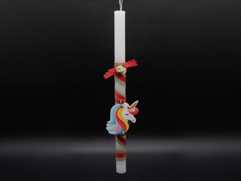 Handmade round white candle with unicorn keychain