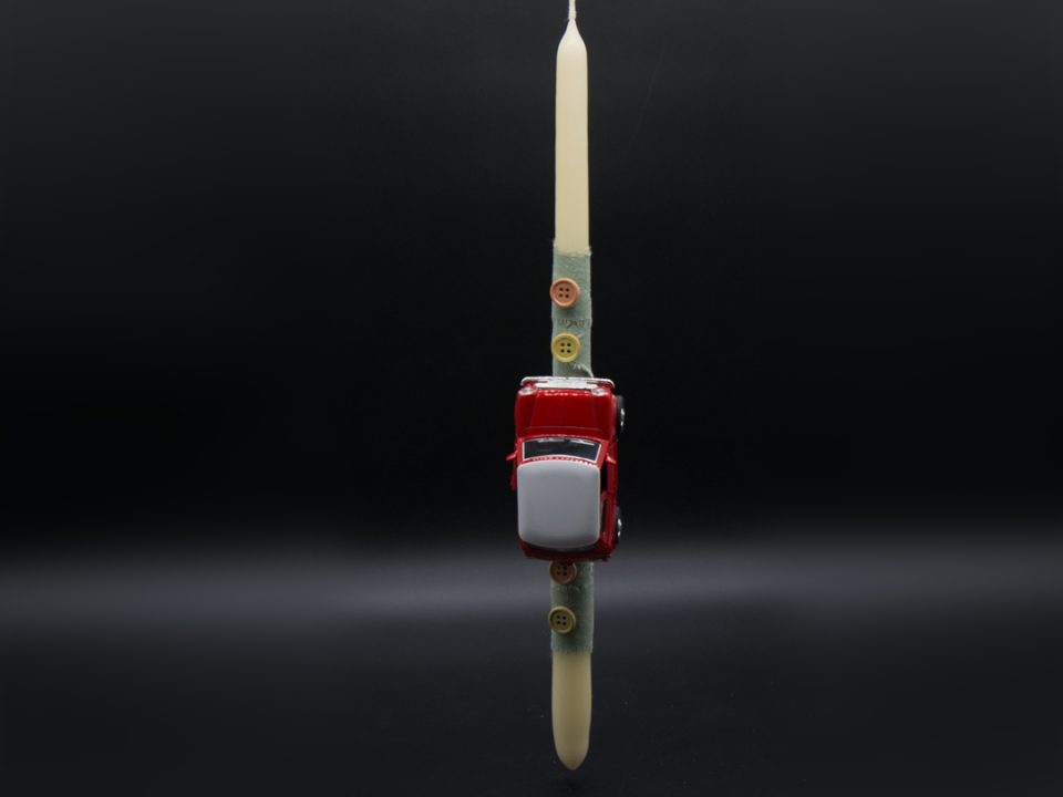 Handmade white easter candle with mini car red with white