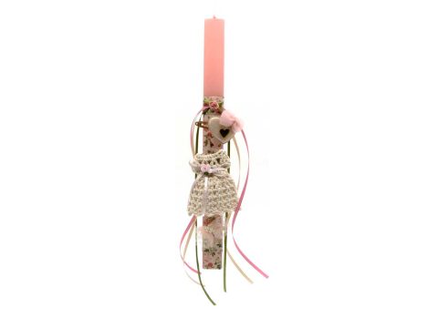 Handmade Easter flat pink vintage candle with knitted dress and two hair bones