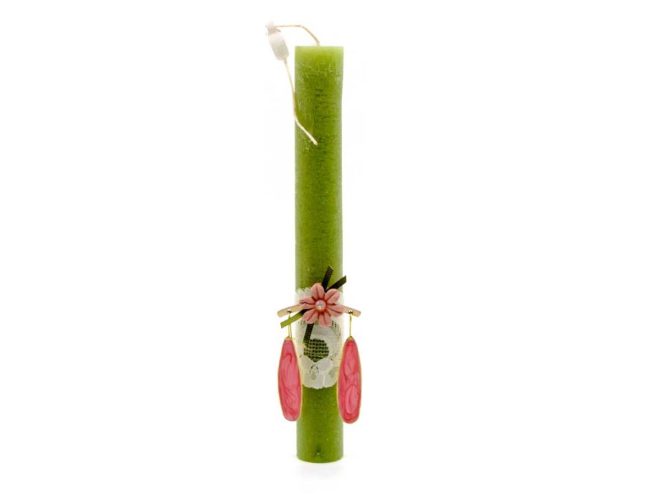 Handmade Easter candle round olive, with handmade earrings in gold with pink enamel.