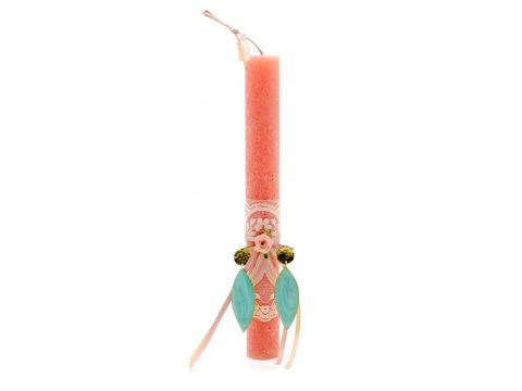 Handmade Easter candle round pink vintage, with handmade turquoise earrings.