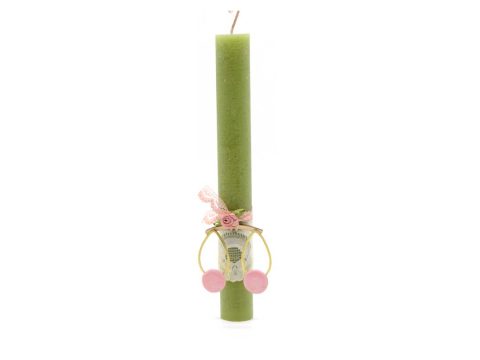 Handmade Easter candle round olive, with handmade pink earrings.