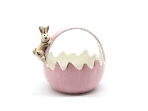 Product Ceramic small basket in pink color with a bunny in its handle