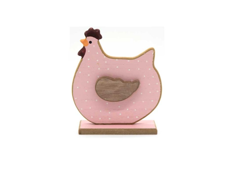 Handmade wooden decorative pink hen with white polka dots