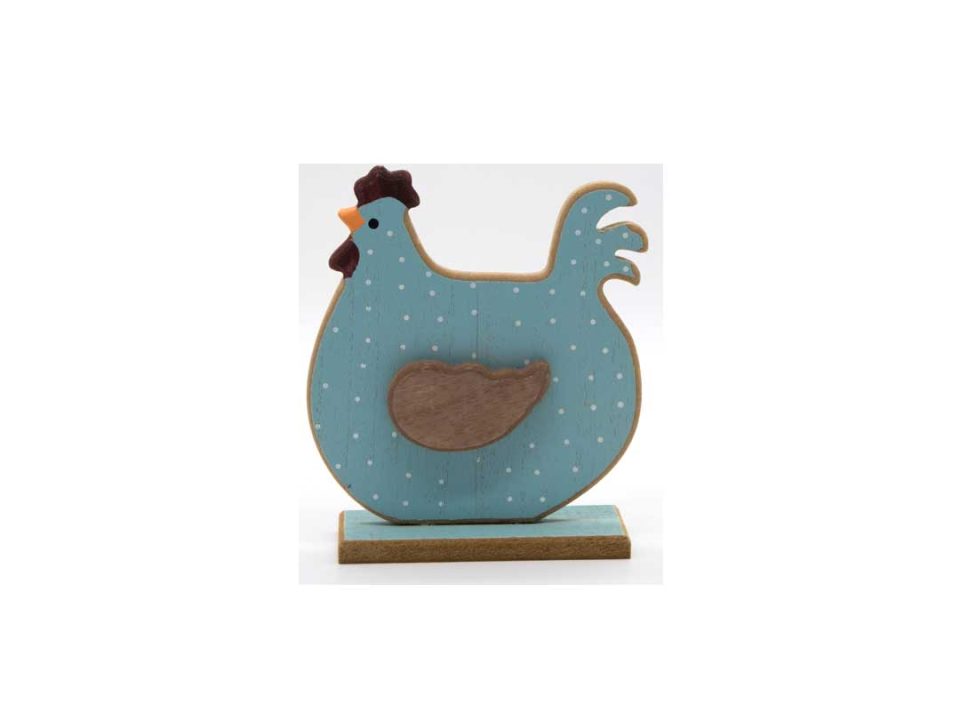 Handmade wooden decorative light blue rooster with white polka dots