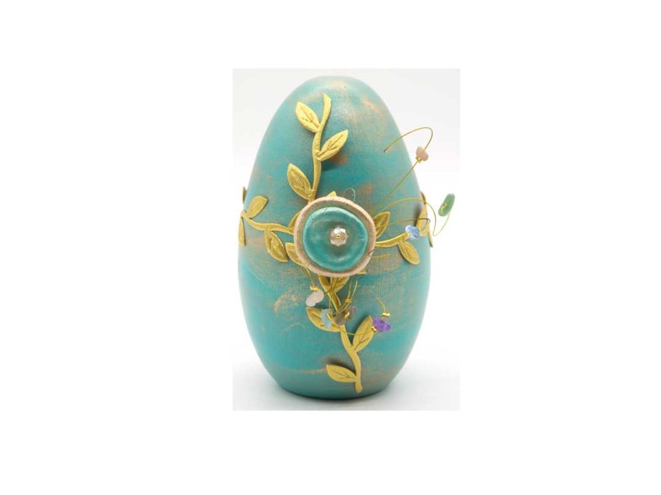 Handmade ceramic egg, bright green with gold and handmade decoration