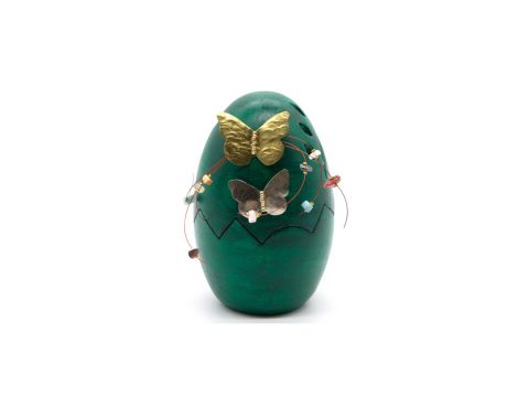 Handmade ceramic egg, green with a gold and silver butterfly.