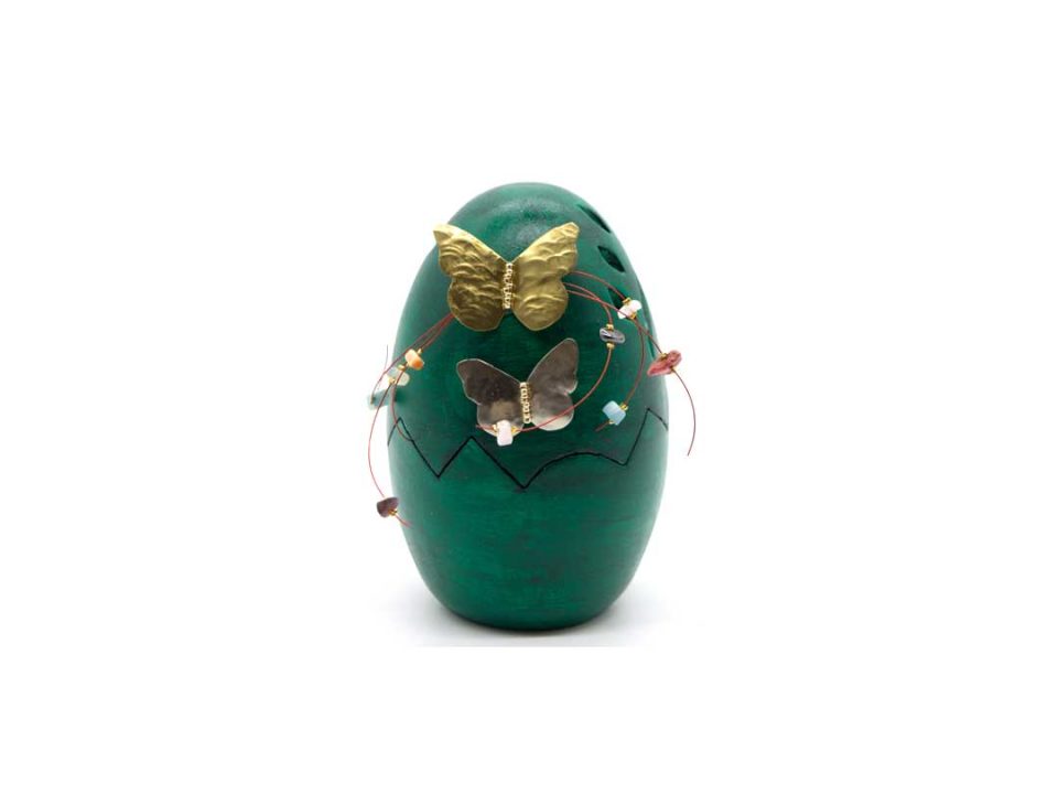 Handmade ceramic egg, green with a gold and silver butterfly.