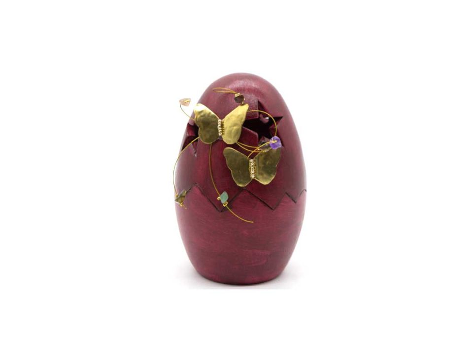 Handmade ceramic egg, perforated (stars) opening, burgundy with golden butterflies.