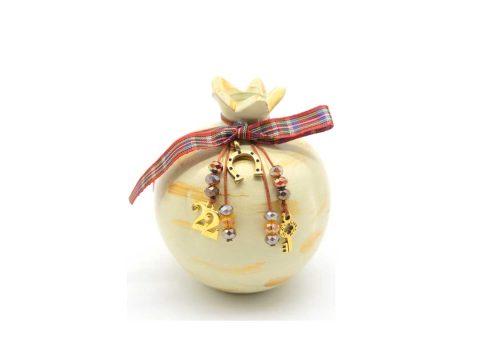 Handmade sitting ceramic pomegranate 8 cm ecru with gold