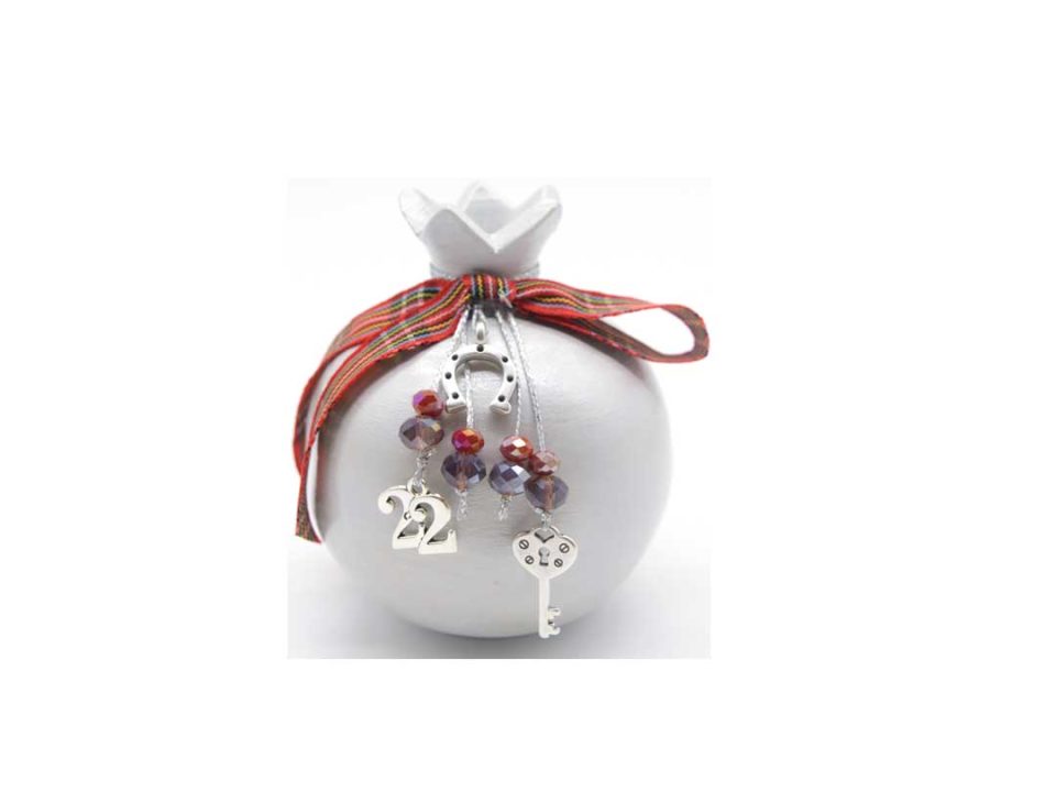 Handmade sitting ceramic pomegranate 8 cm white silver with silver metallic elements