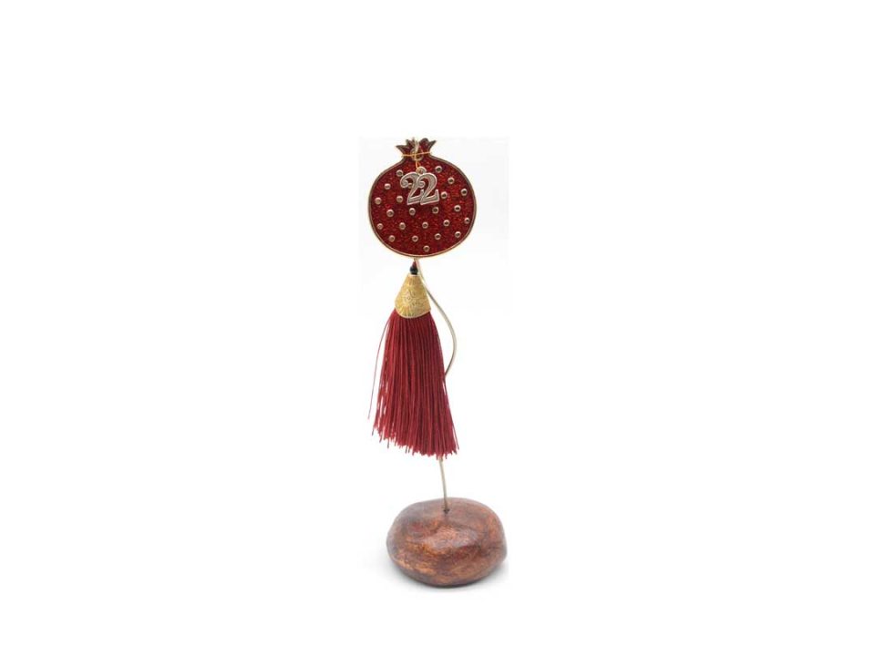 Handmade pomegranate table charm with red enamel and tassel