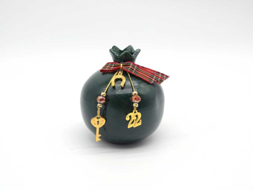 Handmade sitting ceramic pomegranate, 8 cm., Green cypress