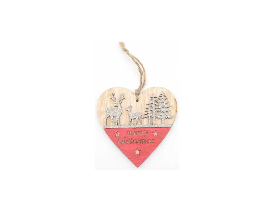 Handmade wooden heart ornament with red