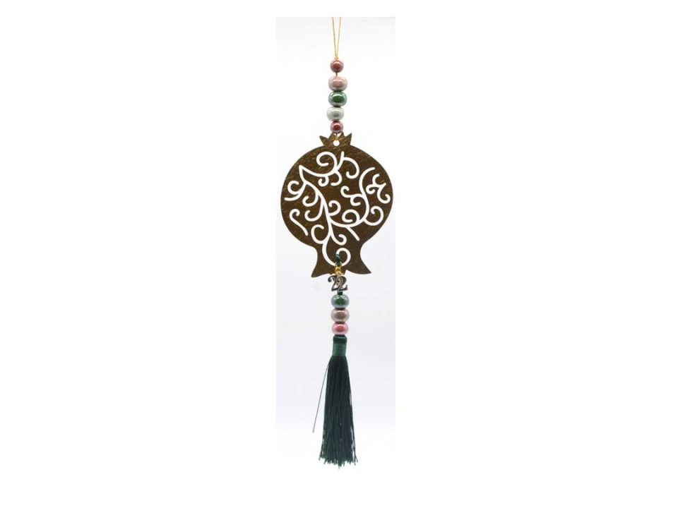 Handmade charm hanging gold metal pomegranate perforated with green tassel