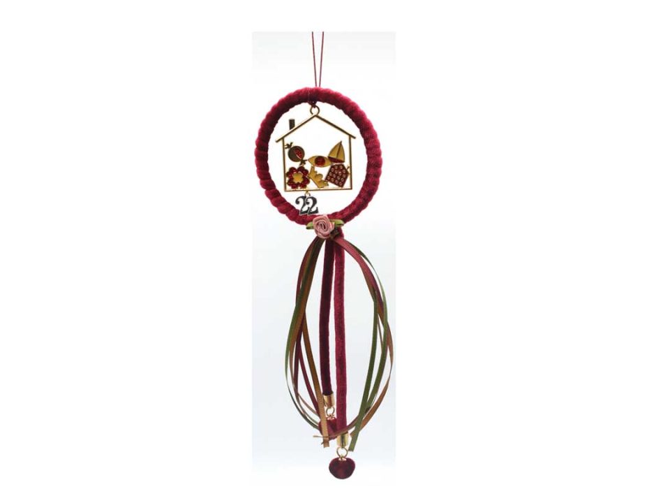 Handmade charm hanging wreath with burgundy cord and gold house