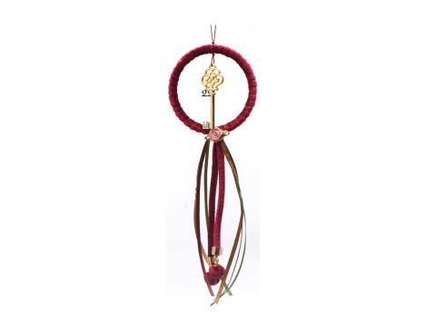 Handmade charm hanging wreath with burgundy cord and gold key