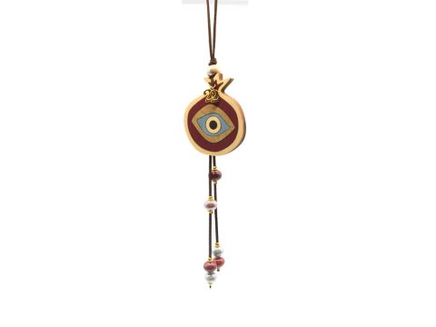 Handmade pomegranate charm with wooden eye in the center burgundy color