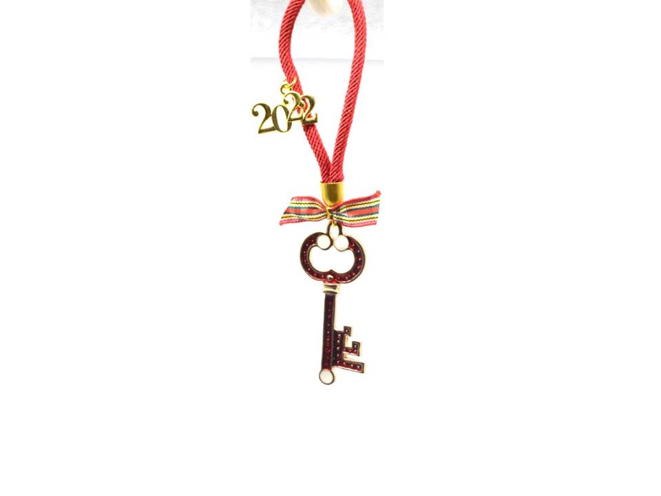 Handmade charm key, small, gold with red enamel