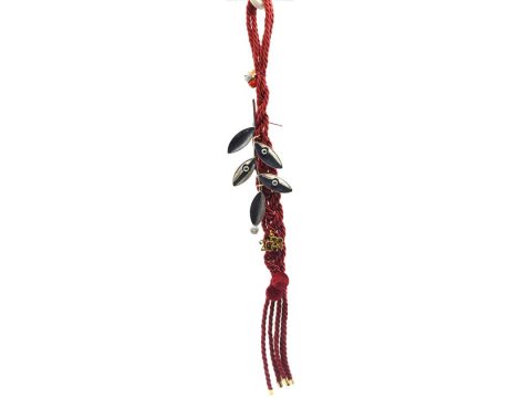 Handmade charm with metallic silver olive branch tied in burgundy braid