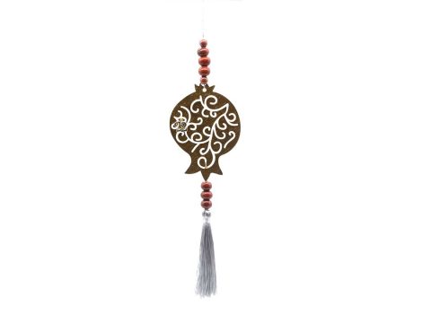 Handmade pendant charm, metallic gold pomegranate perforated with gray tassel