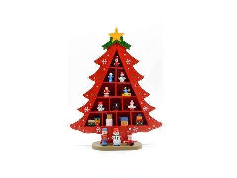 Handmade red wooden tree with ornaments.